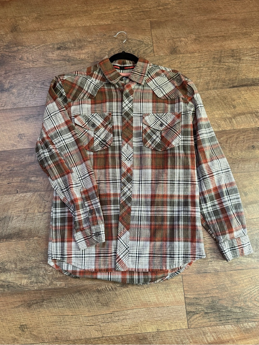 Harley-Davidson Men's Plaid Button-Down Shirt in Orange, Brown & Cream